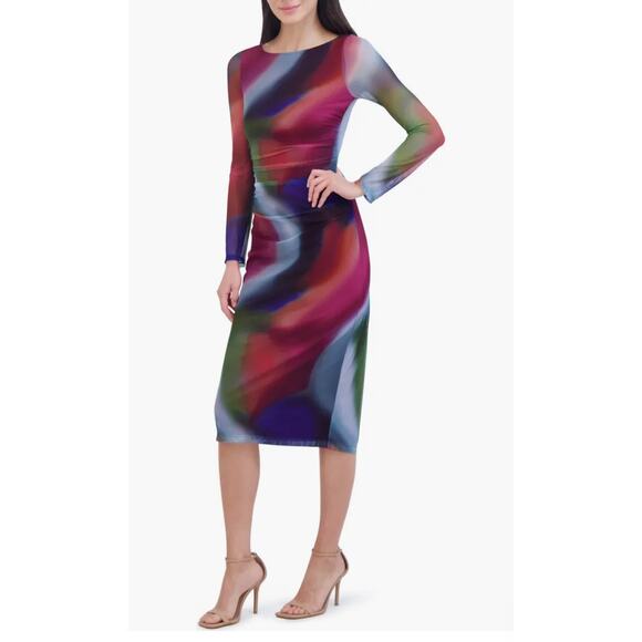 Vince Camuto Ruched Mesh Midi Bodycon Dress Long Sleeve Multi Size16 NWOT - Picture 3 of 12